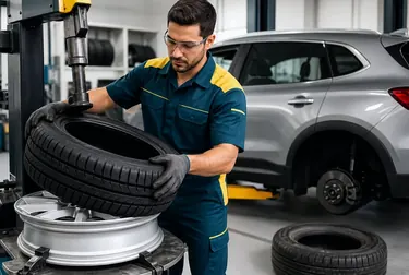 Mecânico trocando um pneu de carro em uma borracharia.