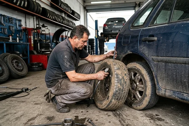 Pneu de carro com desgaste visível, sendo inspecionado por um mecânico.