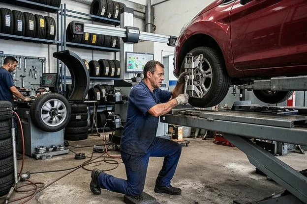 Técnico ajustando alinhamento e balanceamento de pneus em uma oficina.