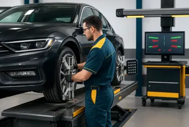 Técnico ajustando o alinhamento de rodas de um carro numa borracharia.