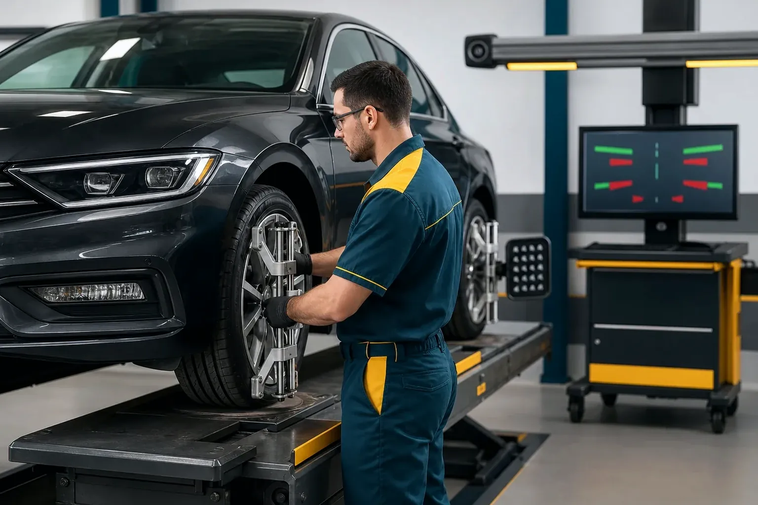 Técnico ajustando o alinhamento de rodas de um carro numa borracharia.