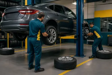Técnico realizando o rodízio dos pneus de um carro numa borracharia.