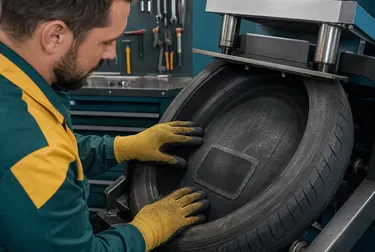 Técnico vulcanizando um pneu em uma oficina de borracharia.