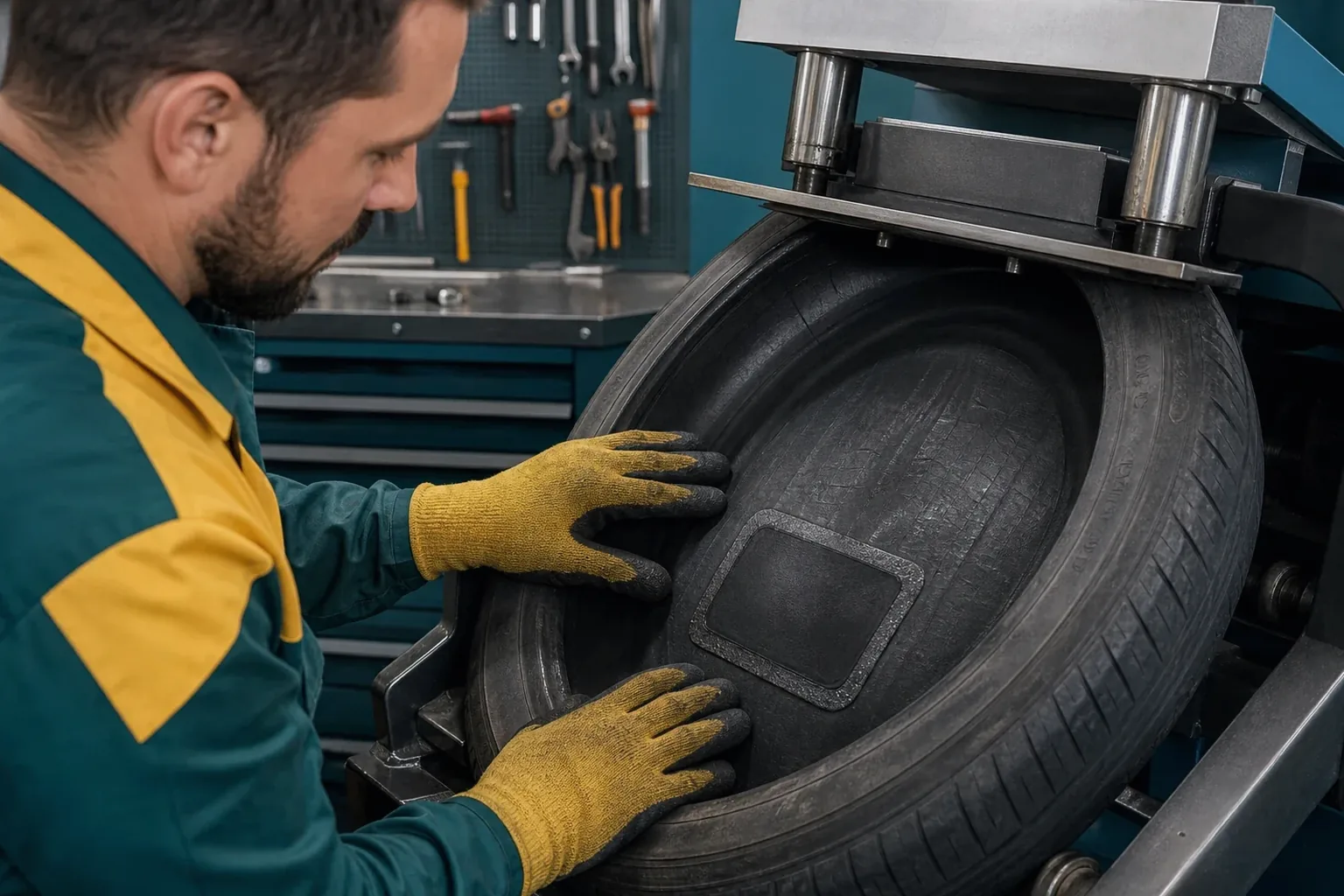 Técnico vulcanizando um pneu em uma oficina de borracharia.