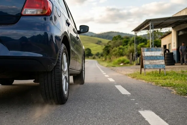 Veículo com pneus em excelente estado em uma estrada.